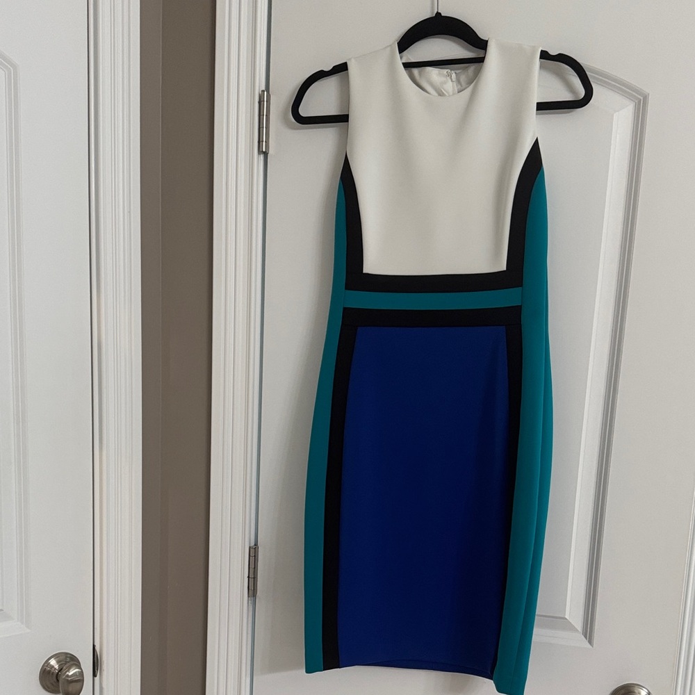 Chic Colorblock Midi Dress in Blue and White Calvin Klein dress